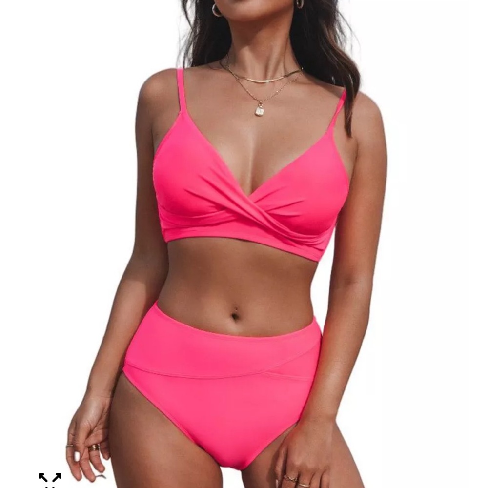 Cupshe Hot Pink Twist Front High Waist Bikini